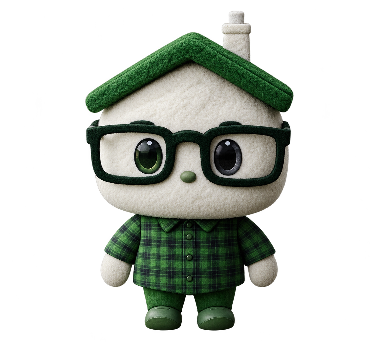 Ponie, a small white felt character with a green roof for a hat, big dark glasses and a plaid shirt, standing still